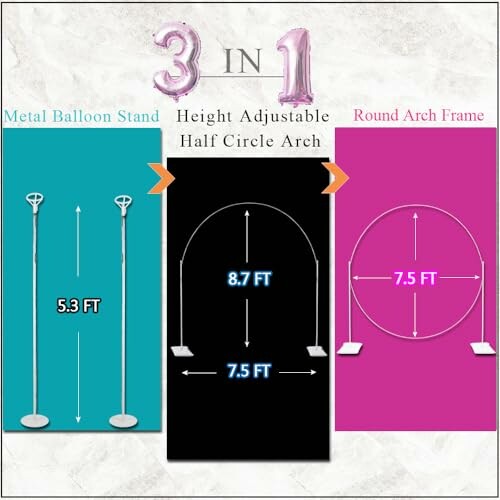 3 in 1 balloon arch stand with metal balloon stand, height adjustable half circle arch, and round arch frame.