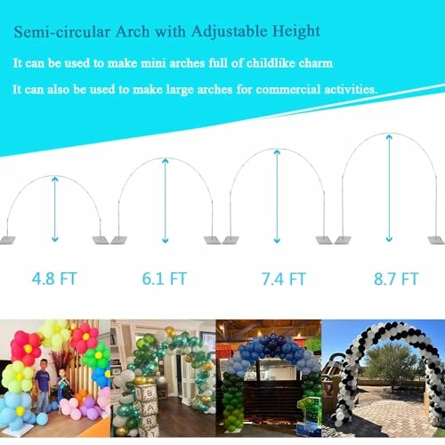 Adjustable semi-circular balloon arch with various height options and decorative examples.