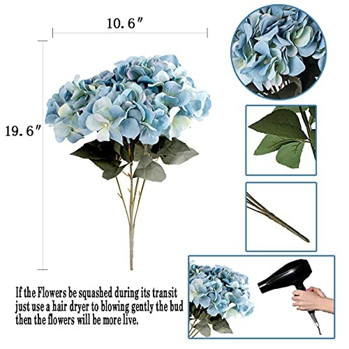 Artificial blue hydrangea bouquet with dimensions and care instructions.