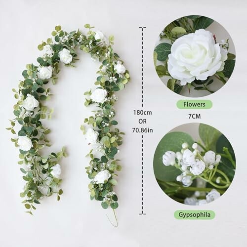 Artificial flower garland with white roses and gypsophila.