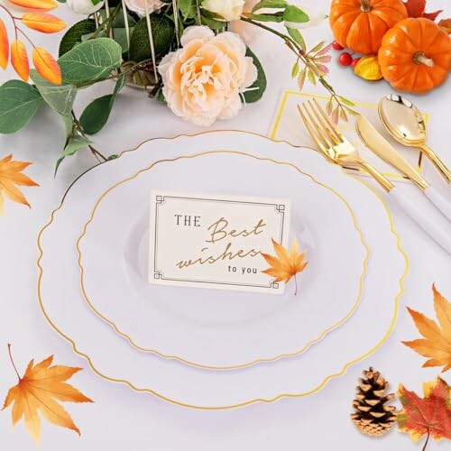 Elegant autumn-themed table setting with decorative plates, flowers, and pumpkins.