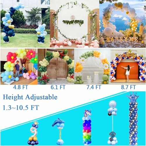 Various balloon arch designs with height adjustments from 1.3 to 10.5 feet.