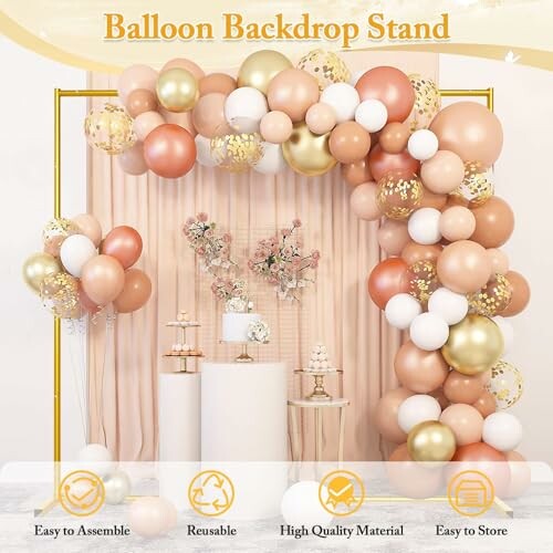 Elegant balloon backdrop stand with gold, peach, and white balloons, featuring a stylish party setup.