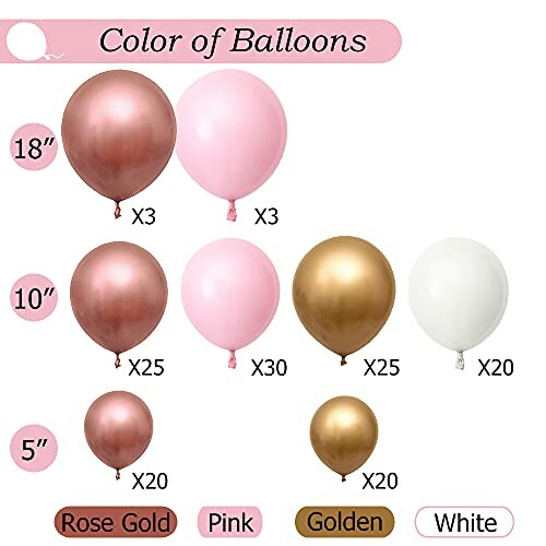 Assorted balloons in rose gold, pink, golden, and white colors in various sizes.