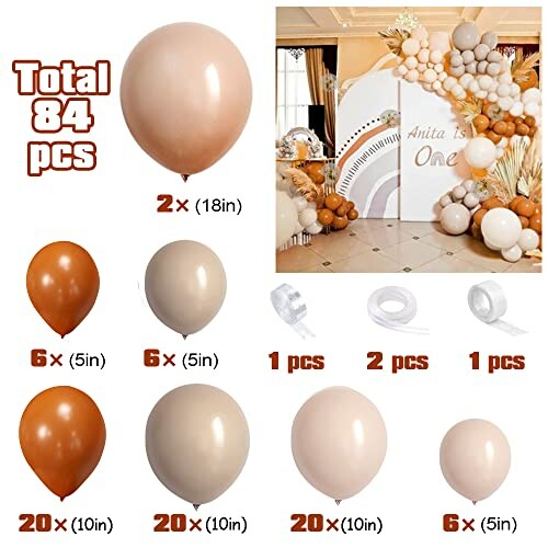 Balloon decoration kit with neutral tones including various sizes and colors, totaling 84 pieces.