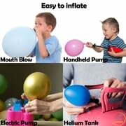 Different methods of inflating balloons: mouth blow, handheld pump, electric pump, helium tank.