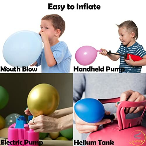 Different methods to inflate balloons: mouth blow, handheld pump, electric pump, helium tank.