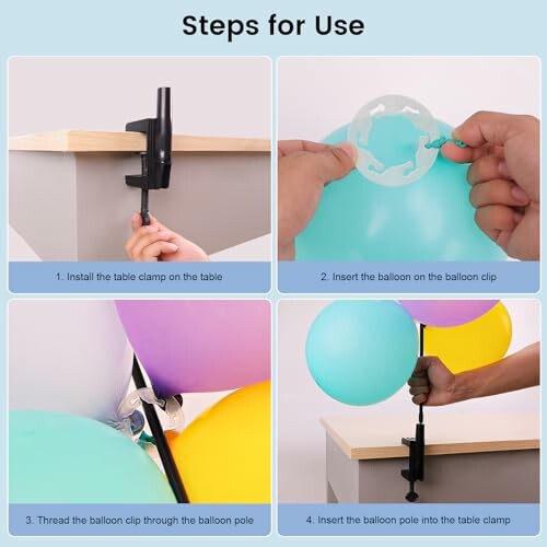 Four steps to set up a balloon using a table clamp and clip.