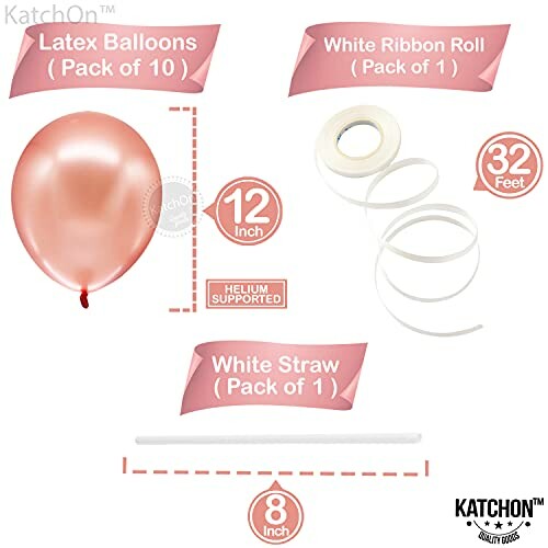 Balloon set with latex balloons, white ribbon roll, and straw.