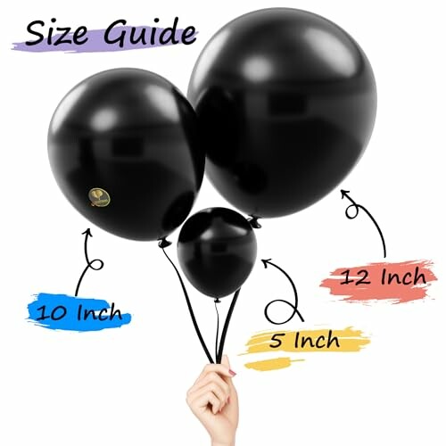 Size guide for black balloons showing 10, 12, and 5 inches.