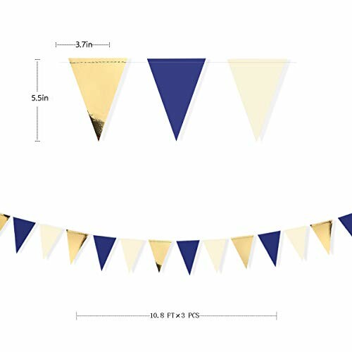 Blue and gold triangle flag banner with dimensions 14cm x 9cm/5.5" x 3.5" (L x W).