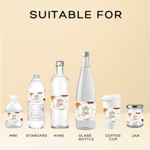 Various bottle and cup sizes with labels.