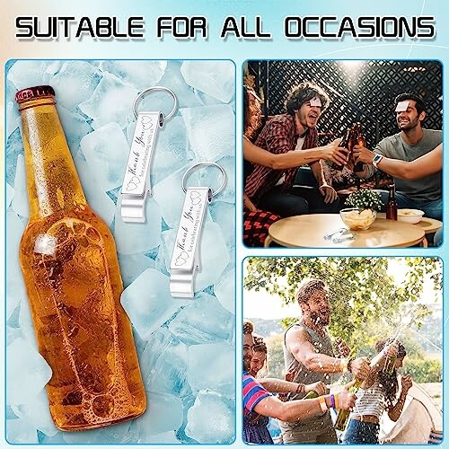 Bottle opener with ice cold beer and people celebrating outdoors.