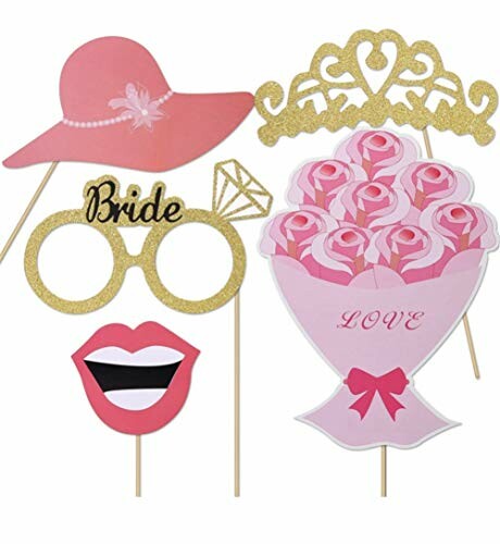 Bridal photo booth props including hat, glasses, lips, crown, and bouquet.