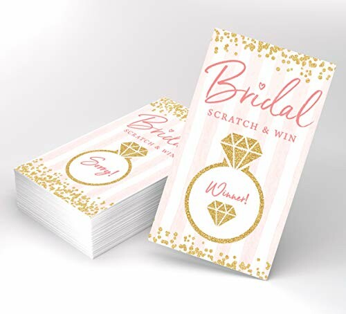 Stack of bridal scratch and win cards with gold and pink design.