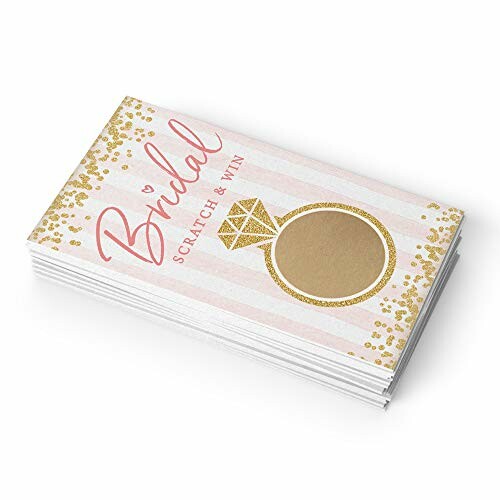 Stack of bridal scratch and win cards with a gold ring design.