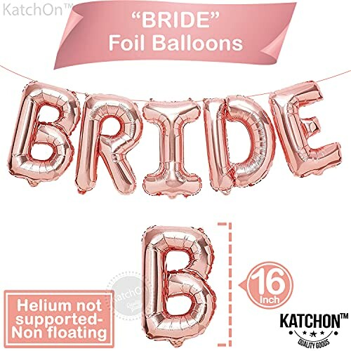 Rose gold 'BRIDE' foil balloons for decoration.