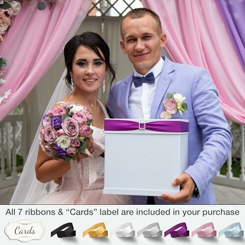 Bride and groom holding a gift box with ribbon options displayed.