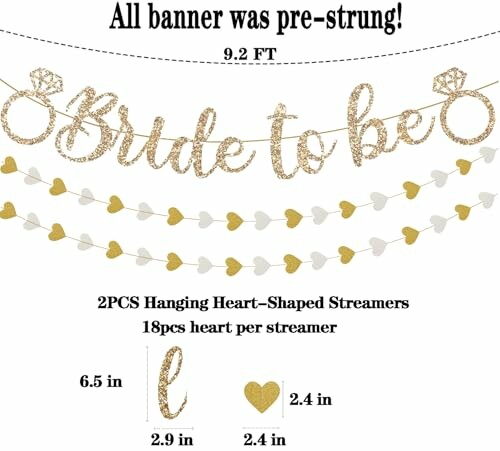 Bride to Be banner with gold rings and heart-shaped streamers.