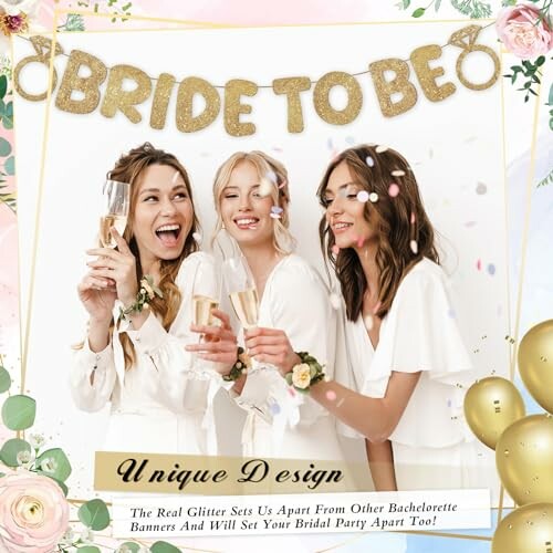 Three women celebrating with champagne under a 'Bride To Be' banner.