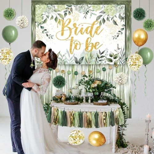 Couple kissing at a 'Bride to Be' themed party with green and gold decorations.