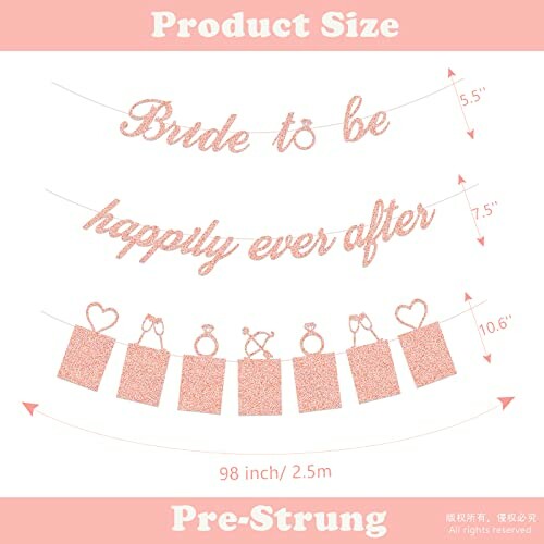 Rose gold bride to be and happily ever after banner with ring decorations.