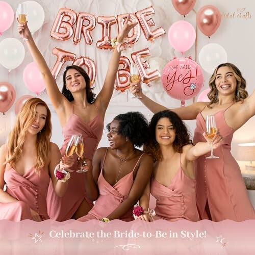 Group of women celebrating a bride-to-be with balloons and champagne.