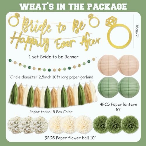 Bride to be party decoration package including banner, paper lanterns, and flower balls.