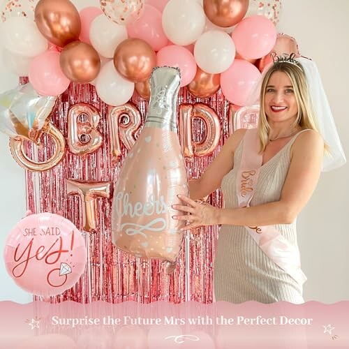 Woman celebrating with bridal shower decorations, including balloons and a champagne bottle balloon.