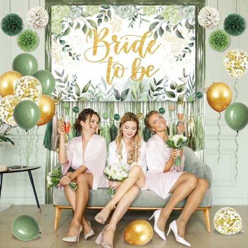 Three women at a 'Bride to Be' party with balloons and floral decor.