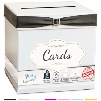 White card box with decorative ribbon and card slot.