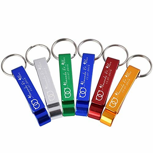 Six colorful bottle opener keychains with engraved text.