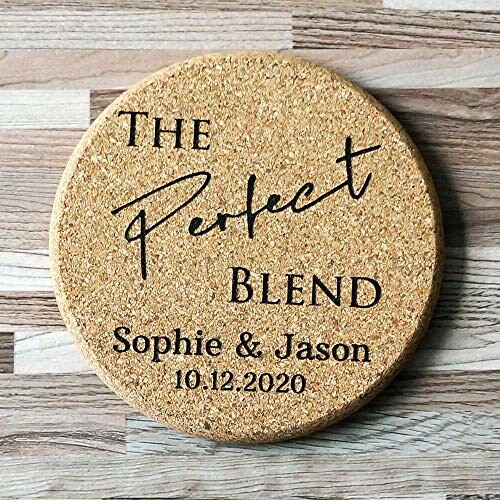 Cork coaster with text 'The Perfect Blend Sophie & Jason 10.12.2020'