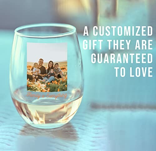 Personalized glass with family photo and text, 'Family is Everything'.