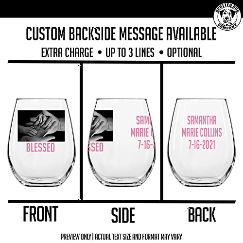 Customizable stemless wine glass with front, side, and back views.