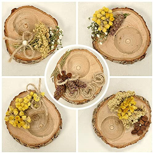 Decorative wooden slices with dried flowers and twine.