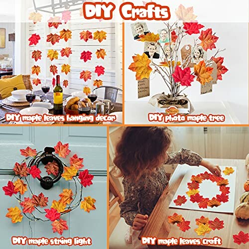 Collage of DIY crafts using maple leaves, including hanging decor, photo tree, string light, and a crafting activity.