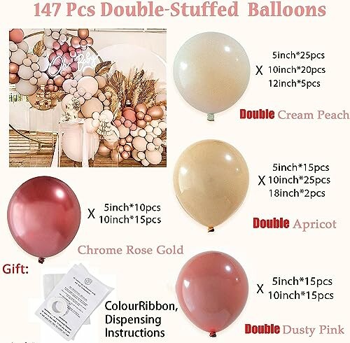 147-piece double-stuffed balloon set in cream peach, apricot, chrome rose gold, and dusty pink with color ribbon and dispenser.