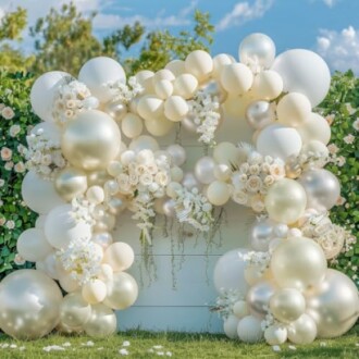 Elegant balloon arch with white and cream flowers outdoors.