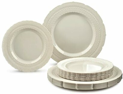 Elegant disposable dinnerware set with plates and bowls.