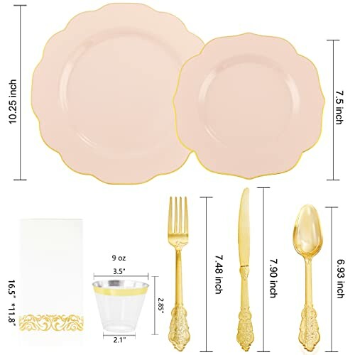 Elegant pink dinnerware set with gold trim, includes plates, utensils, cup, and napkin.