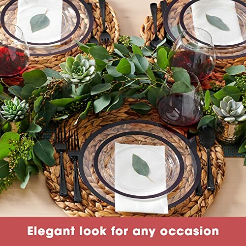 Elegant table setting with succulents and wine glasses.