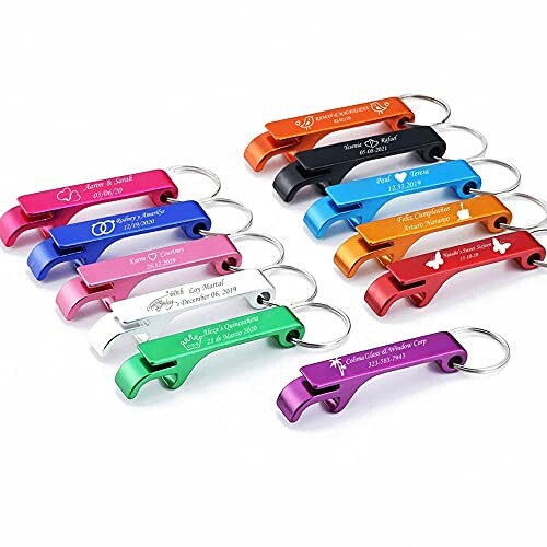 Colorful engraved bottle opener keychains with personalized text.