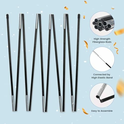 Set of fiberglass tent poles with elastic band connection and assembly instructions.