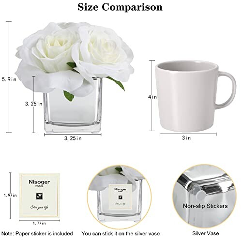 Size comparison of a white rose flower vase and a coffee mug.