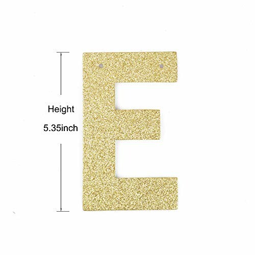 Glittery gold letter E with dimensions