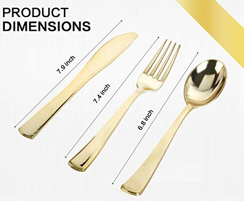 Gold knife, fork, and spoon with dimensions