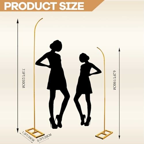 Two gold metal display stands with height measurements.