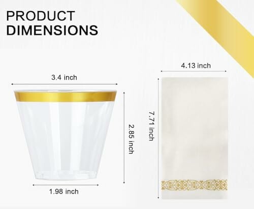 Dimensions of a gold-trim cup and napkin.