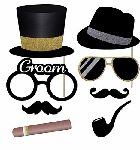 Photo booth props including hats, glasses, mustaches, and pipes.